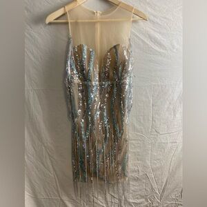 Festival rave burning man new years sequin nude rhinestone mini dress vintage